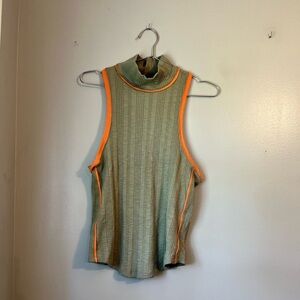 NWOT free people olive green and orange stitched sleeveless turtleneck medium